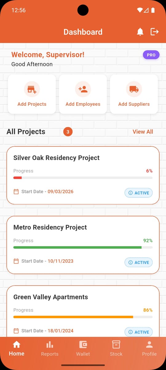 Briktra app dashboard listing active construction projects with progress bars