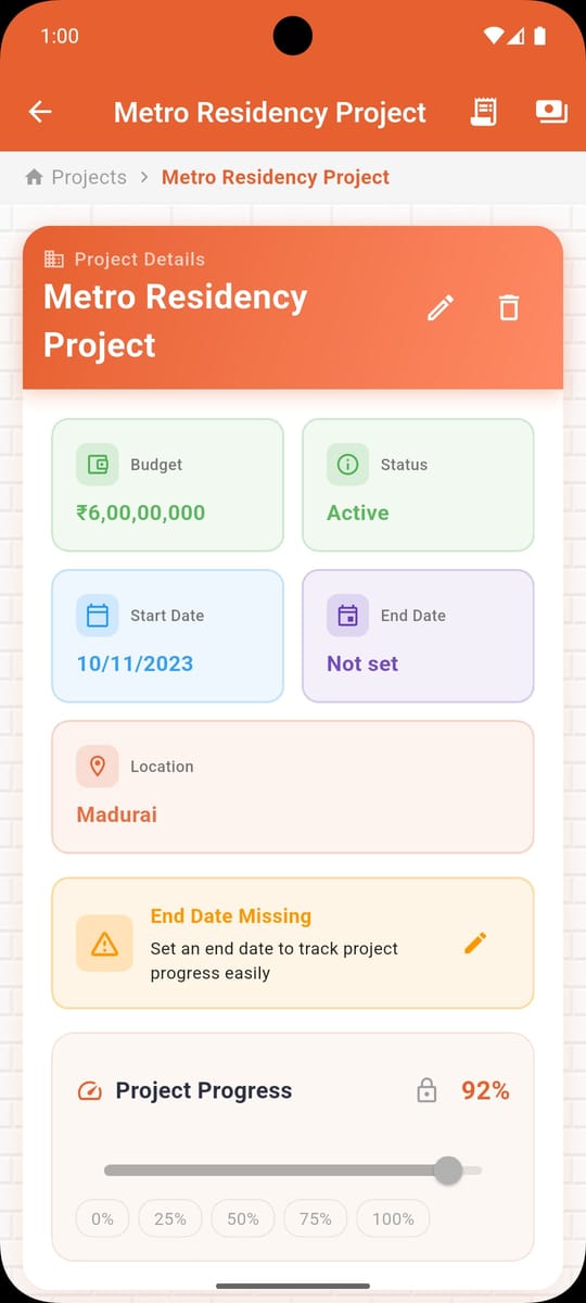 Briktra project details screen with budget, status, dates and progress