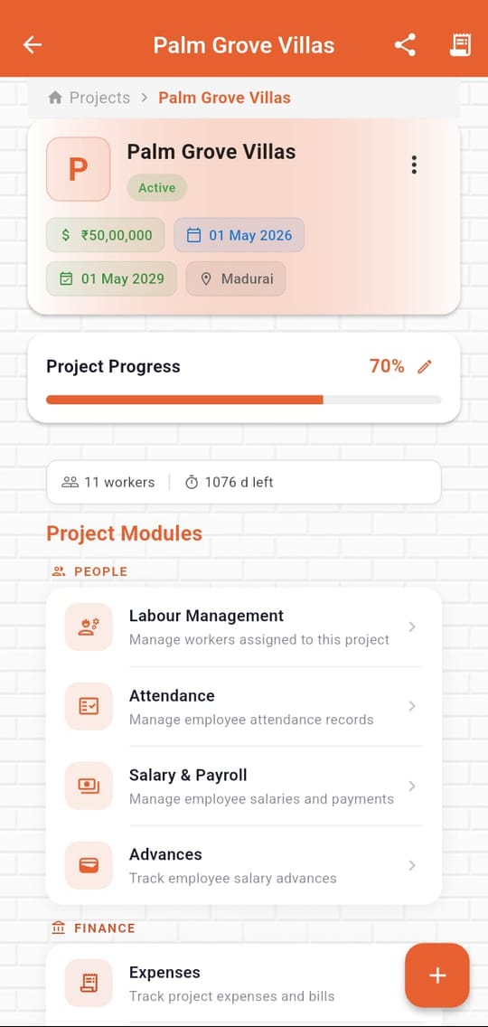 Briktra project screen with labour, attendance, payroll and expense modules