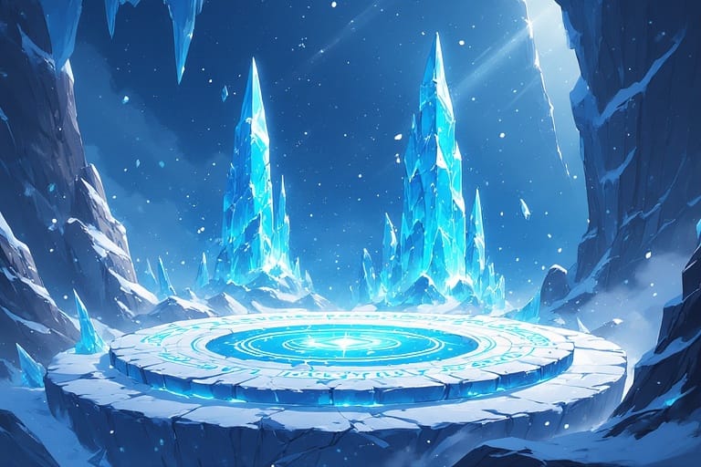 Card Clash ice arena art with a glowing summoning circle among ice crystals