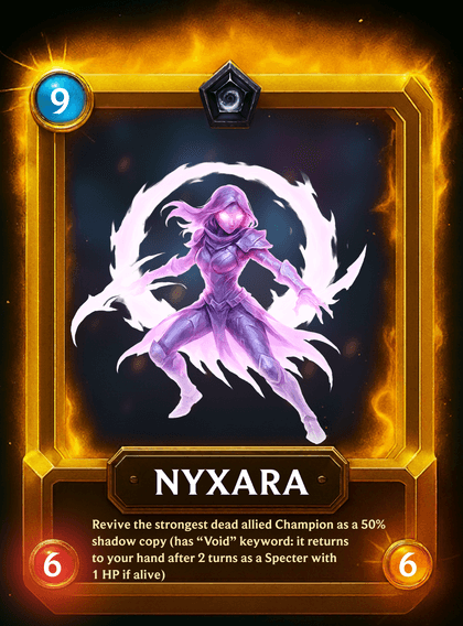 Nyxara, a legendary Void clan card from Card Clash: Legends Arena