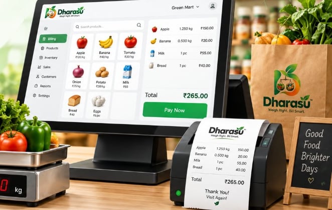 Illustration of the Dharasu billing screen at a shop counter, with a sample bill, a weighing scale and a printed receipt