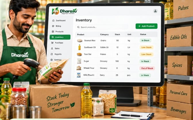 Illustration of the Dharasu inventory screen listing sample products with in-stock, low-stock and out-of-stock status