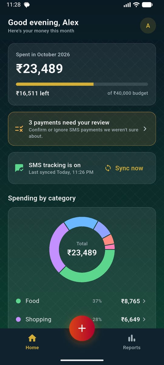 Expeniqo home screen with monthly spend, budget and spending by category