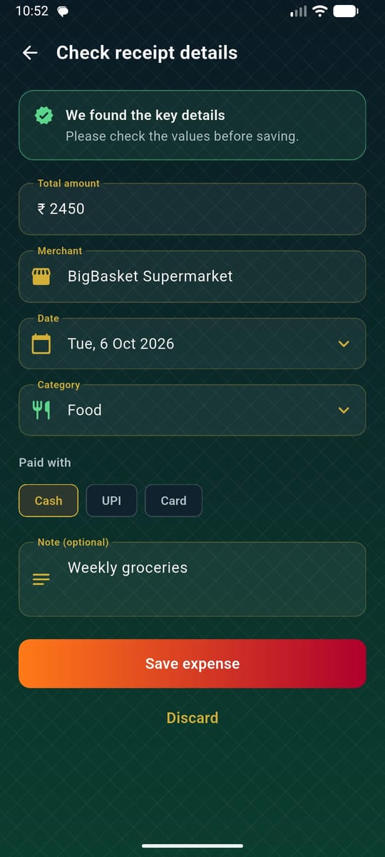 Expeniqo receipt scan review with amount, merchant, date and category