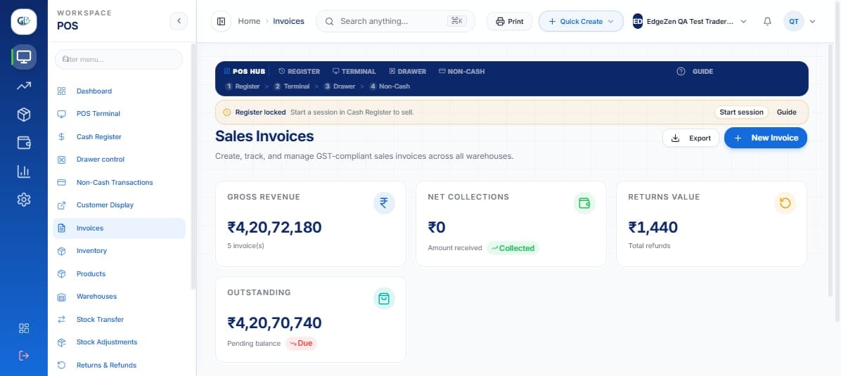GSTLedger Pro sales invoices screen with revenue, collections and outstanding totals