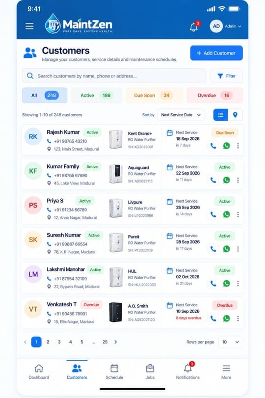Maintzen customer list with purifier models and next service dates