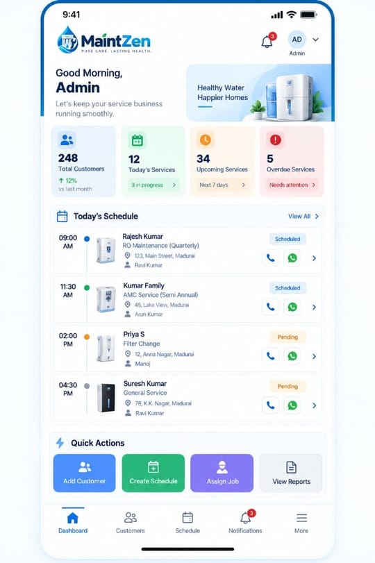 Maintzen admin dashboard with today's service schedule and quick actions