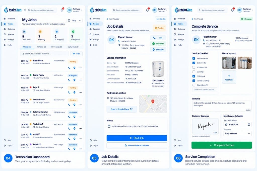Maintzen technician workflow: assigned jobs, job details and service completion